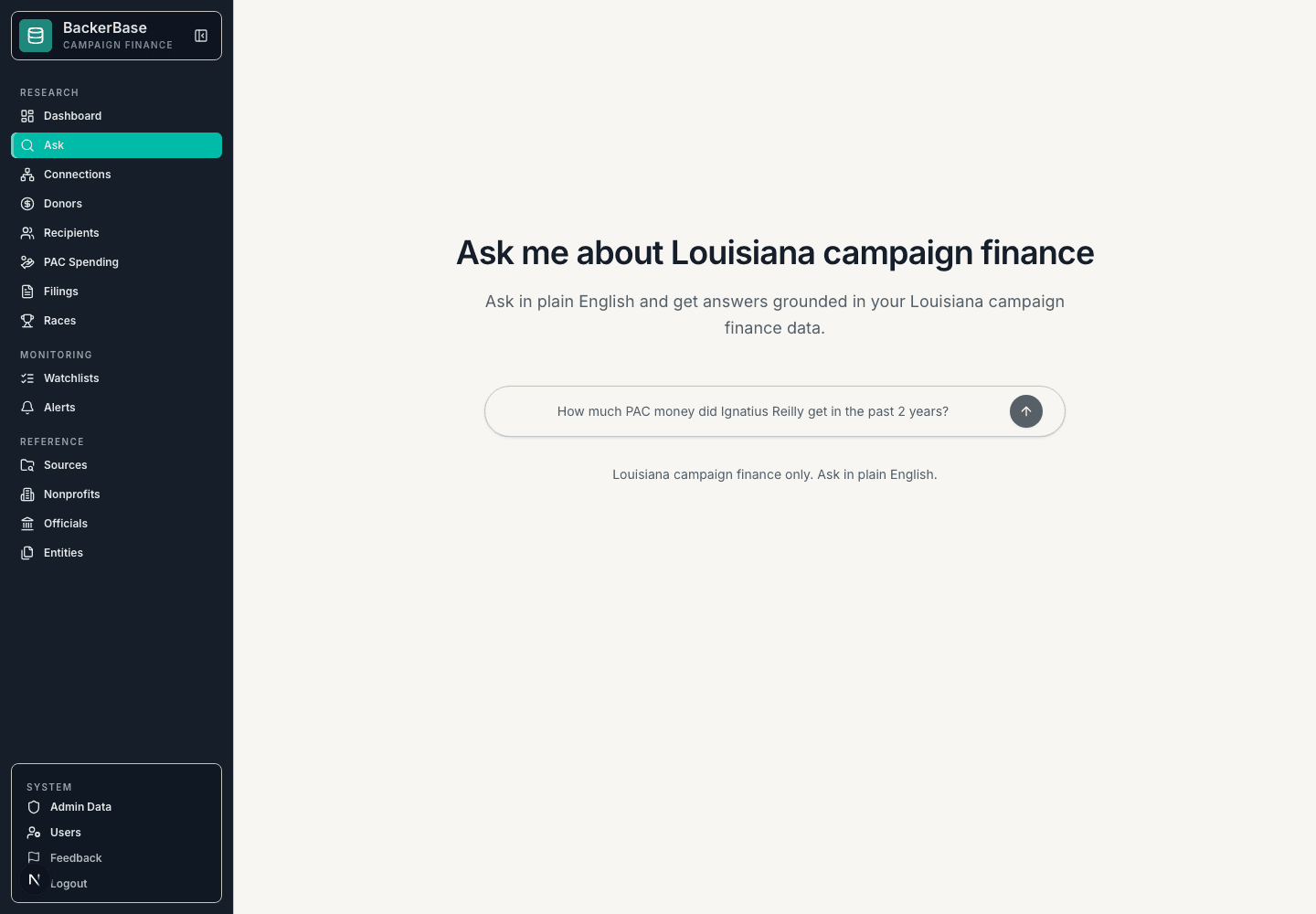 BackerBase AI ask page for Louisiana campaign finance questions